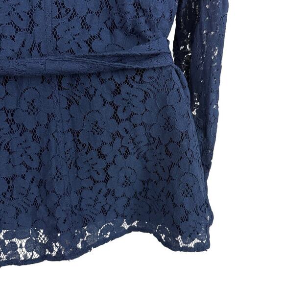 Marla Wynne Collection Navy Lace Sheer Sleeves Belted Button Up Top Blouse sz S - Picture 11 of 16